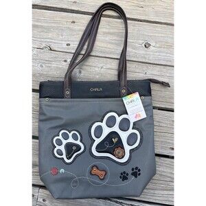 New! Chala Deluxe Everyday Vegan Tote Shoulder Bag Gray w/ Paw Prints
